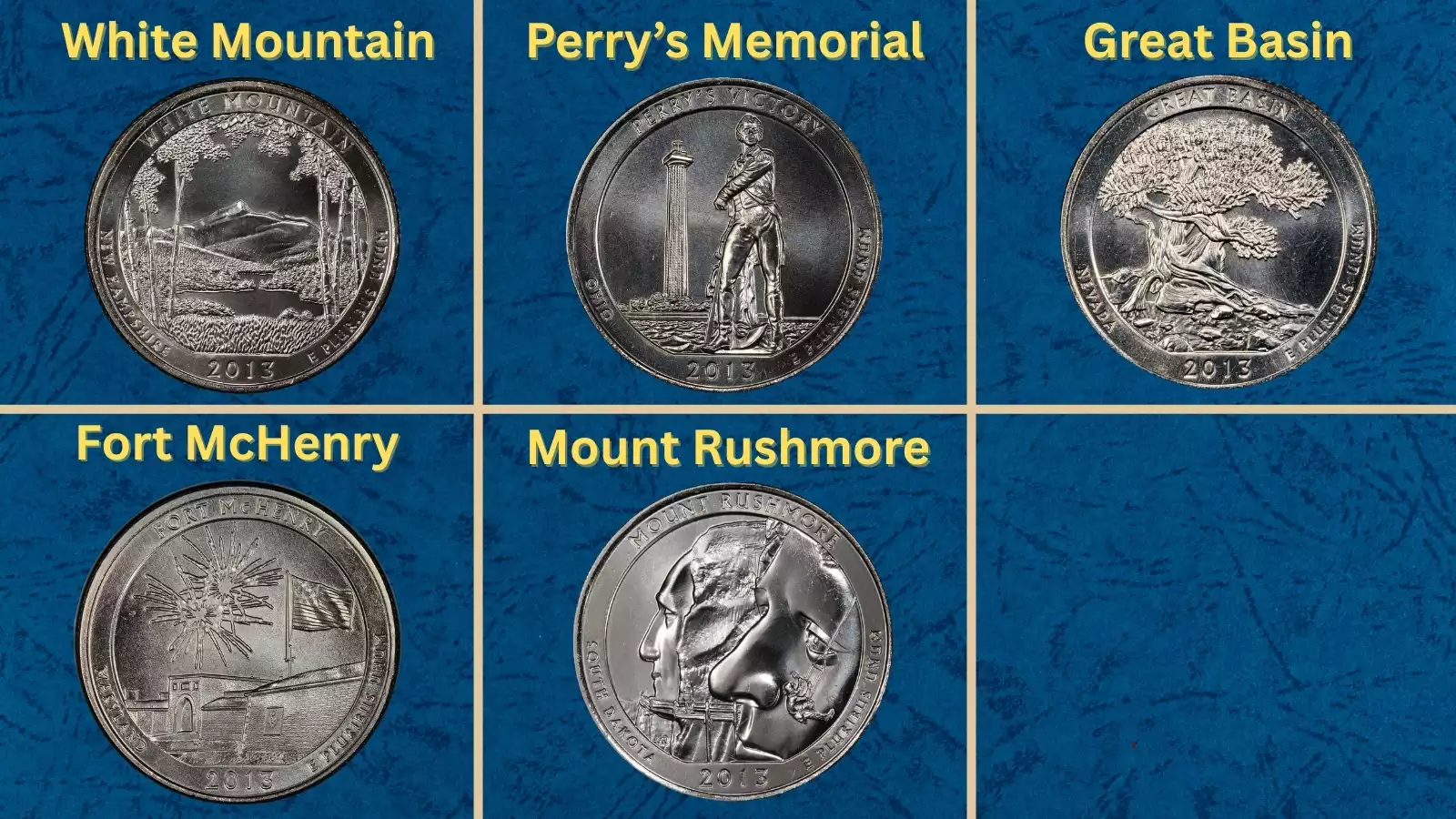 Group shot of all five 2013 America the Beautiful quarter designs showing mintage variety