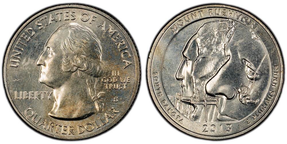 2013 quarter grading strip showing worn, circulated, uncirculated, and gem MS67+ examples side by side
